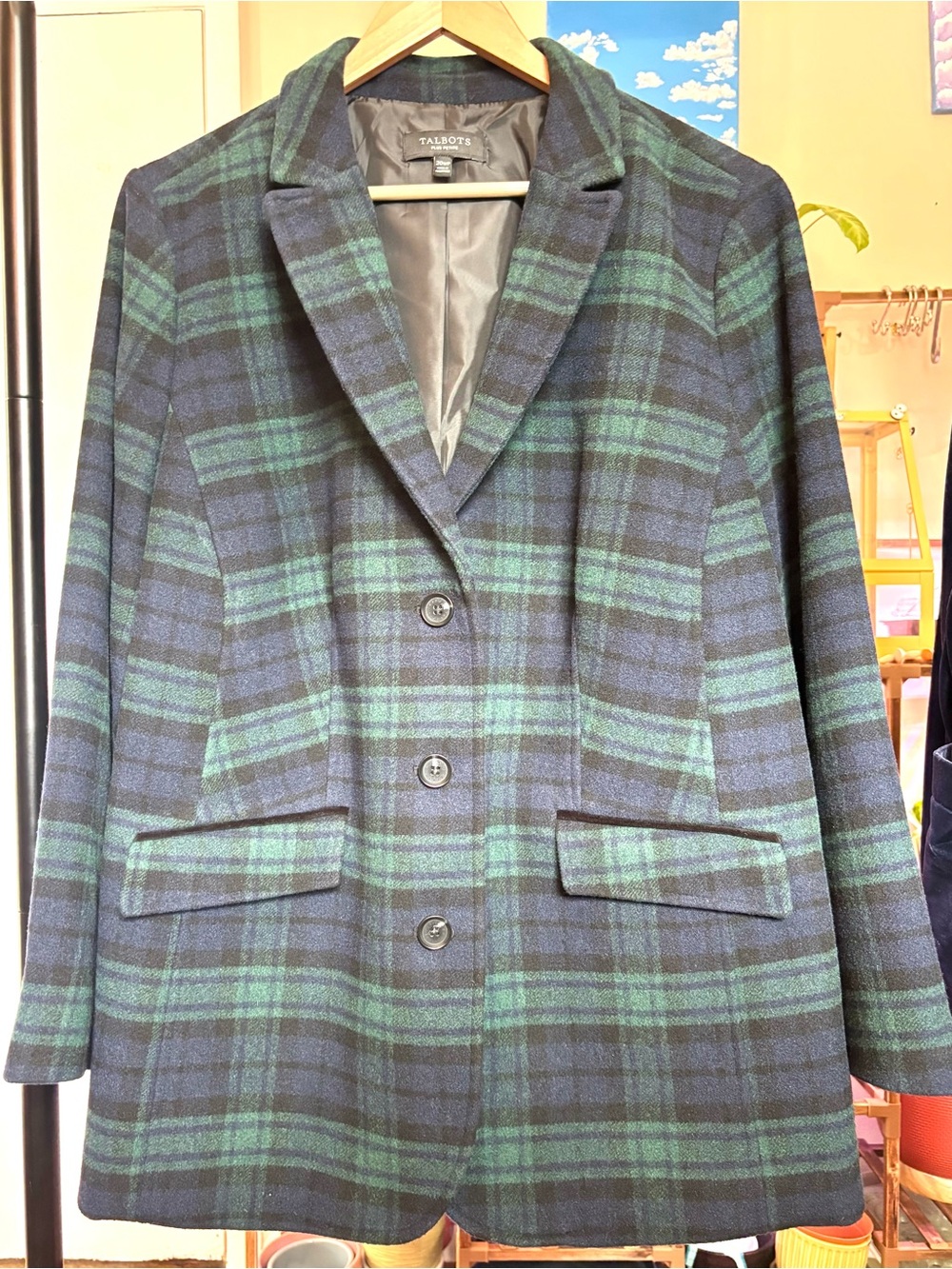 Talbots Blue and Green Plaid Pea Coat